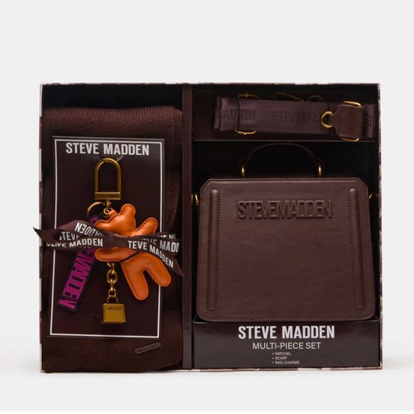 NIB STEVE MADDEN BEVELYN BAG SCARF CHARM BOX GIFT SET BROWN $154 - Picture 1 of 6